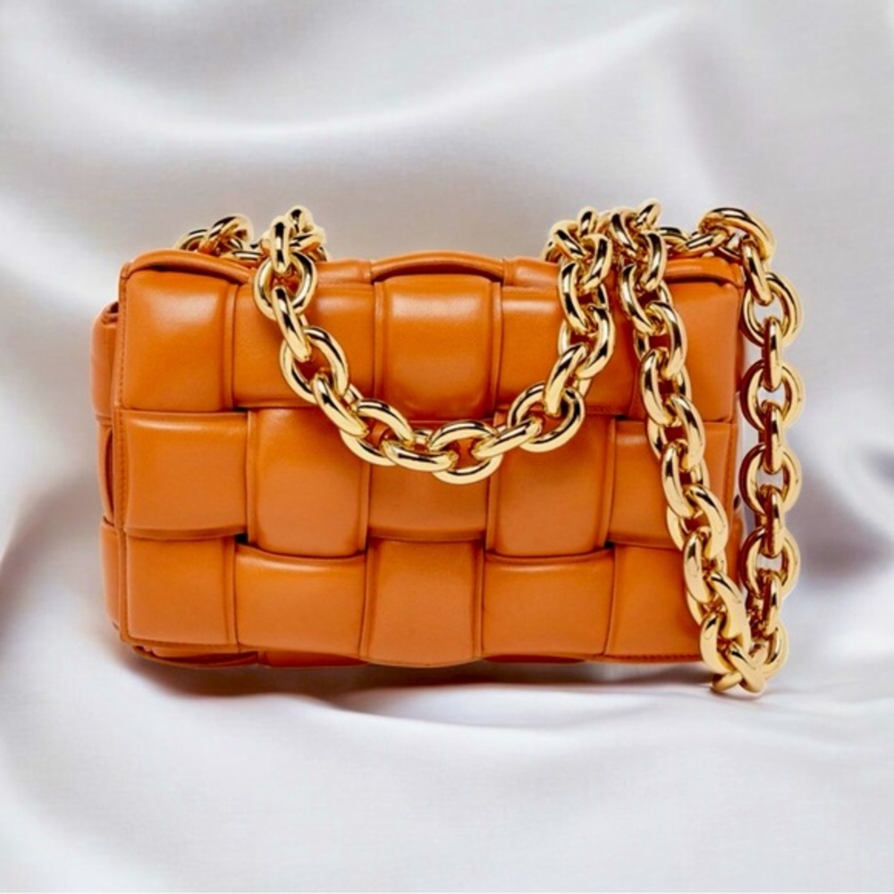 Luxury Woven Leather Crossbody Bag - Orange with Gold Chain